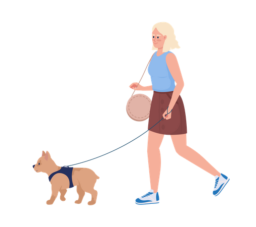 Jolie jeune femme se promenant avec un petit chien  Illustration