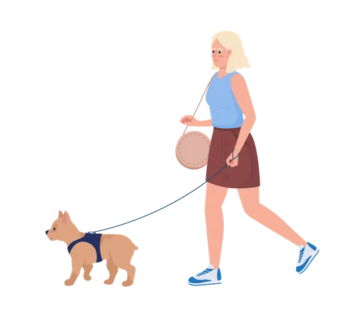 Jolie jeune femme se promenant avec un petit chien  Illustration