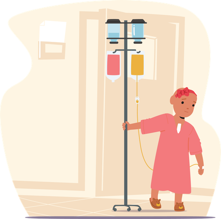 Jolie petite fille avec un compte-gouttes marchant dans le couloir de l'hôpital de la clinique pédiatrique du cancer  Illustration