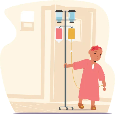 Jolie petite fille avec un compte-gouttes marchant dans le couloir de l'hôpital de la clinique pédiatrique du cancer  Illustration