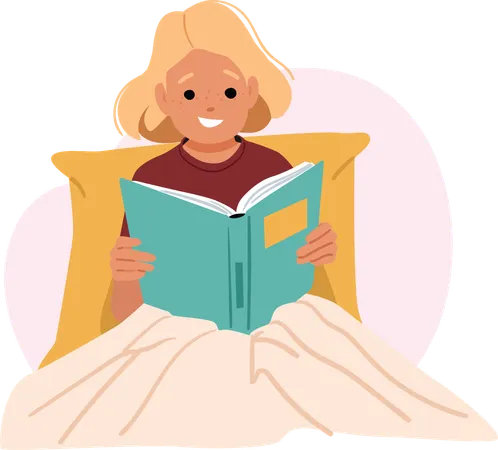 Une petite fille mignonne lit un livre d'histoire en papier dans un lit confortable avant de se coucher  Illustration