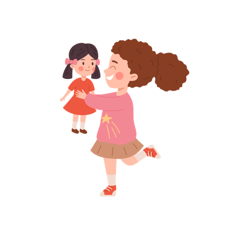 Jolie petite fille tenant joyeusement une poupée Barbie  Illustration