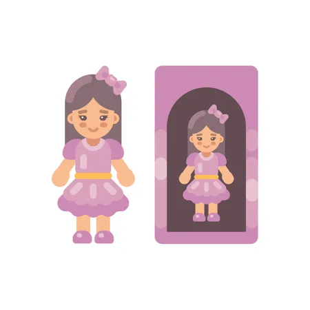 Jolie poupée en robe rose dans une boîte  Illustration