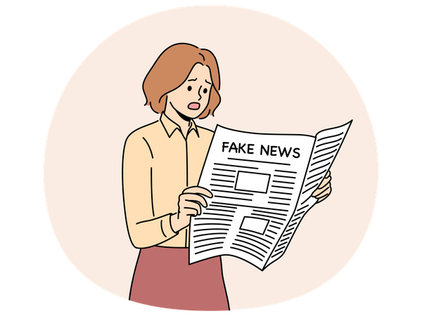 Jornal com notícias falsas nas mãos de mulher lendo informações falsas de repórteres usando propaganda  Ilustração