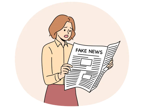 Jornal com notícias falsas nas mãos de mulher lendo informações falsas de repórteres usando propaganda  Ilustração