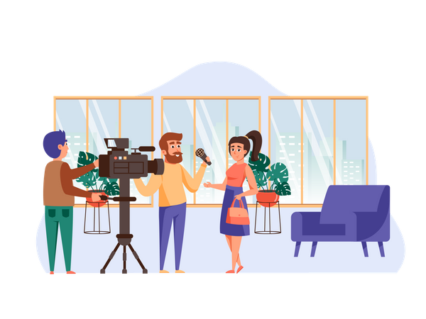 Jornalista mulher dando entrevista para programa de TV  Ilustração