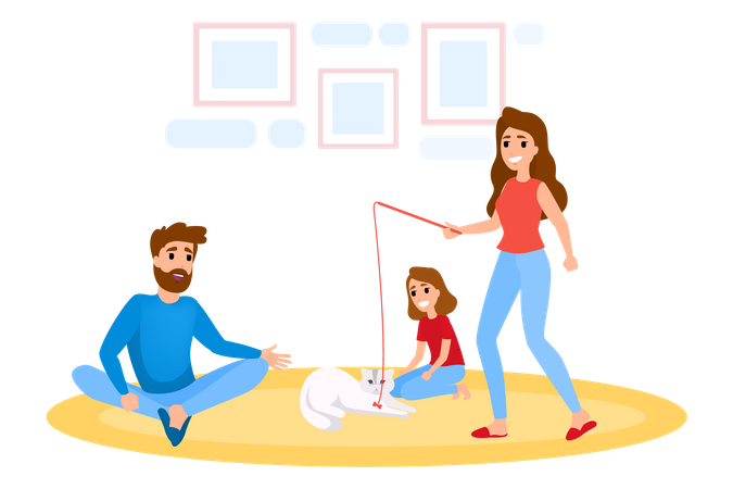 Jeu en famille avec un chat à la maison  Illustration