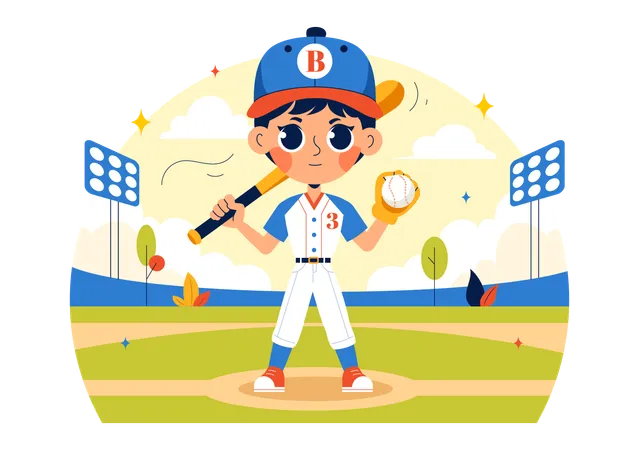 Joueur de baseball debout avec une batte de baseball et une balle  Illustration