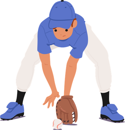 Personnage de joueur de baseball en action attrapant une balle au sol tout en portant un gant  Illustration