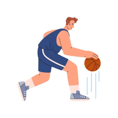 Homme joueur de basket-ball courant et dribblant le ballon  Illustration