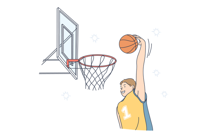 Joueur de basket-ball frappant dunk dans le panier  Illustration