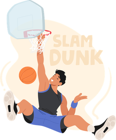 Personnage masculin de joueur de basket-ball exécutant un Slam Dunk défiant la gravité  Illustration