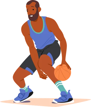 Le personnage masculin de joueur de basket-ball qualifié dribble le ballon avec précision  Illustration