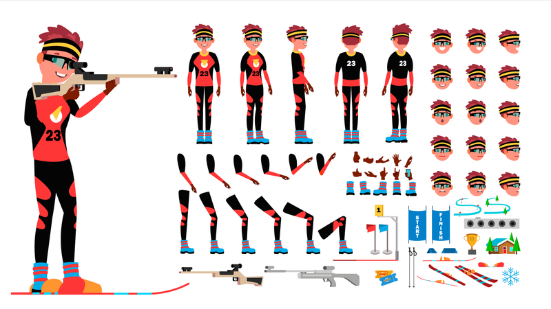 Vecteur masculin de joueur de biathlon. Ensemble de création de personnages animés. Homme pleine longueur, avant, côté, vue arrière, accessoires, poses, émotions du visage, gestes. Illustration de dessin animé plat isolé  Illustration