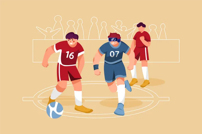 Homme Dans Un Casque VR Et Joueurs Virtuels Lors Dun Match De Football Illustration