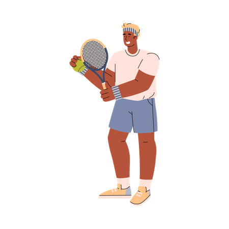 Joueur de tennis de jeune homme debout avec balle verte et raquette  Illustration