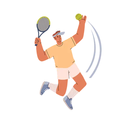 Un joueur de tennis qui saute frappe la balle avec une raquette  Illustration