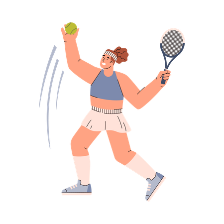 Joueur de tennis, jeune femme, uniforme de sport, sert la balle du haut, sert avec une raquette  Illustration