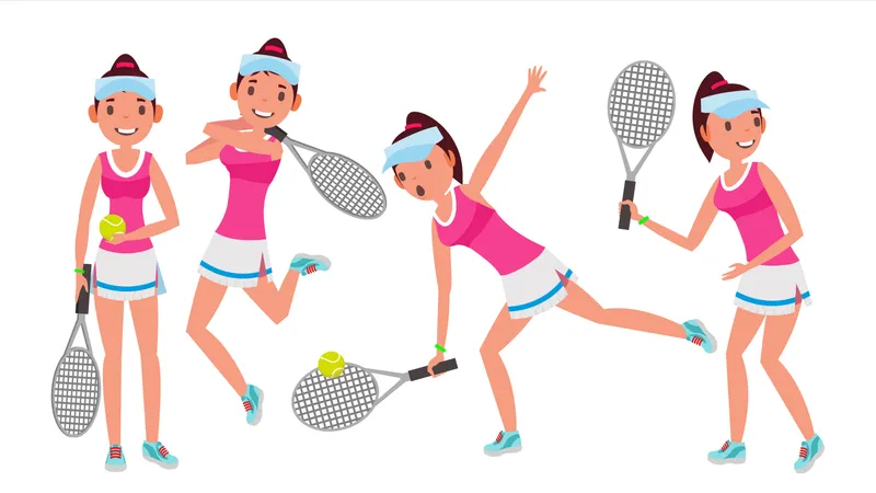 Vecteur De Joueur De Tennis Feminin Femme Athlete De Sport De Grand Tennis Differentes Poses Illustration De Personnage De Dessin Anime Illustration