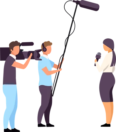Female Correspondent With Camera Crew With Semi Flat Color Vector Characters Full Body People On White Live Broadcast Isolated Modern Cartoon Style Illustration For Graphic Design And Animation Illustration