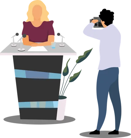 Politician Speaker On Podium Flat Illustration Photographer Taking Photos Of Famous Woman President Minister Cartoon Characters Reporter Journalist With Camera Public Speech Press Conference Illustration