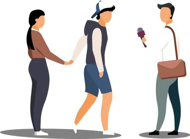 Journalist Interviewing Young Couple On Street Flat Illustration Journalist With Microphone Cartoon Characters On White Background Interviewer Reporter Correspondent Asking People Social Poll Illustration