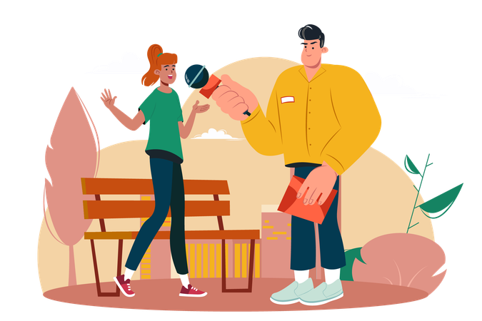 Journalist interviews a stranger in the park  Illustration