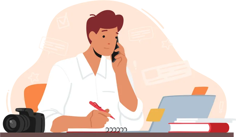 Writer Editor Blogger Or Journalist Creative Male Or Character Sit At Workplace With Laptop And Photo Camera Searching Information And Making Notes In Notepad Cartoon People Vector Illustration Illustration