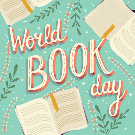 Journée mondiale du livre, conception d'affiche moderne de typographie de lettrage à la main avec des livres ouverts  Illustration