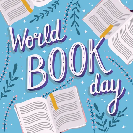 Journée mondiale du livre, conception d'affiche moderne de typographie de lettrage à la main avec des livres ouverts  Illustration