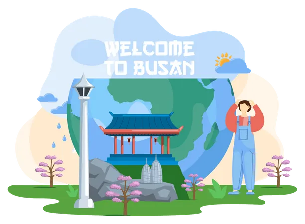 Welcome To Busan Tourist Travel Promotion Poster With Beautiful Nature Traditional Buildings Journey To Asian Country In South Korea Tourism Banner Entertainment And Excursions In Modern Big Town Illustration