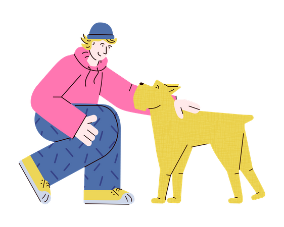 Jovem adolescente acariciando cachorro amarelo  Ilustração