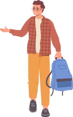 Jovem adolescente estudante andando com mochila esticando a mão para dizer olá  Ilustração