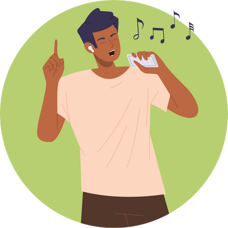 Homem jovem adolescente ouvindo música cantando usando aplicativo de telefone celular  Ilustração