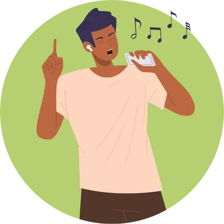 Homem jovem adolescente ouvindo música cantando usando aplicativo de telefone celular  Ilustração