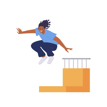 Personagem jovem adolescente parkour saltando sobre obstáculo  Ilustração