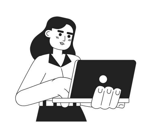 Mulher adulta jovem com laptop sorrindo  Ilustração