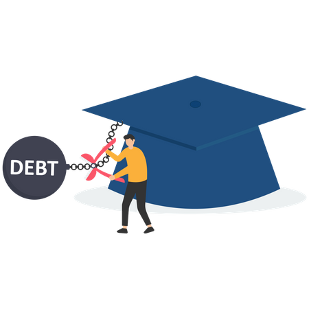 Jovem adulto corta a corrente para aliviar o peso da dívida do empréstimo estudantil bola de metal do almofariz graduado  Ilustração