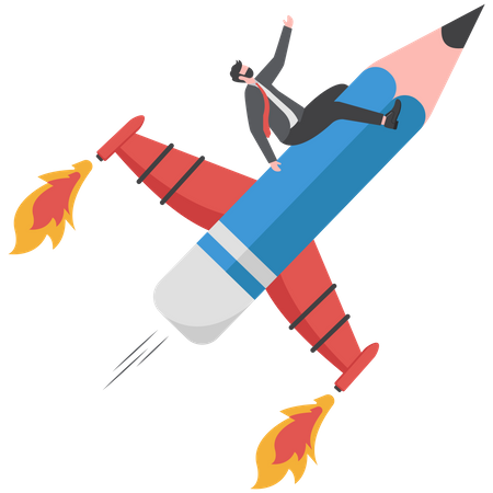 Jovem adulto criativo andando de foguete lápis voando no céu  Ilustração