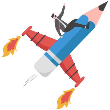 Jovem adulto criativo andando de foguete lápis voando no céu  Ilustração