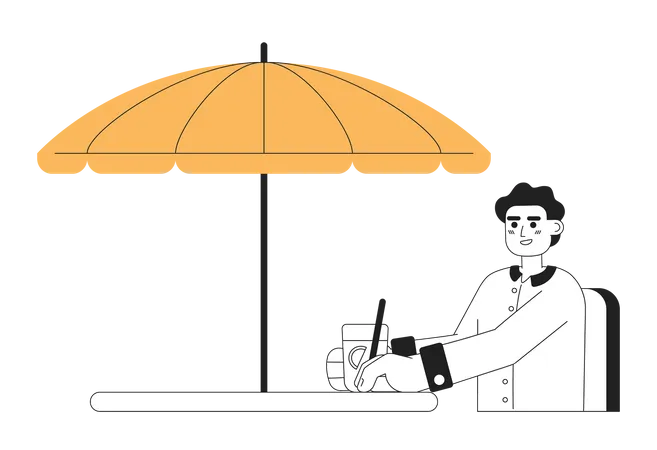 Jovem afro-americano com refrigerante sentado sob guarda-chuva  Ilustração