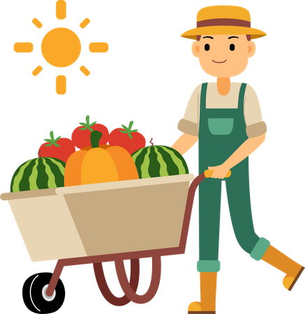 Jovem agricultor empurrando um carrinho de mão com legumes e frutas  Ilustração