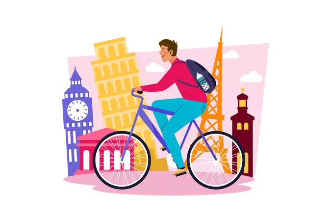 Jovem alugando bicicleta para explorar a cidade  Ilustração