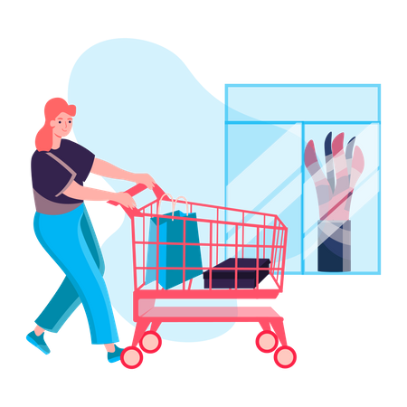 Jovem andando com carrinho de compras no shopping  Ilustração