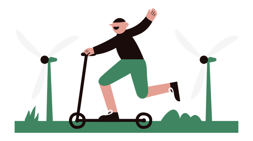 Jovem andando de scooter elétrico na cidade ecológica verde  Ilustração
