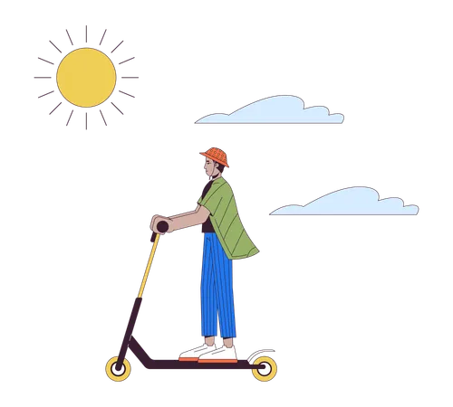 Jovem andando de scooter em dia ensolarado  Ilustração