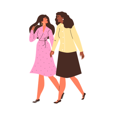 Jovem casal apaixonado do gênero feminino caminhando e de mãos dadas  Ilustração