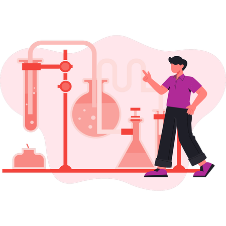 Jovem apontando reação química  Ilustração