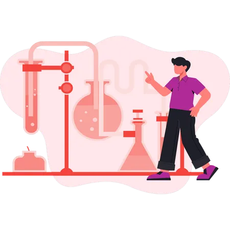 Jovem apontando reação química  Ilustração