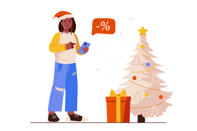 Jovem aproveitando a oportunidade para comprar presentes com descontos de Natal  Ilustração